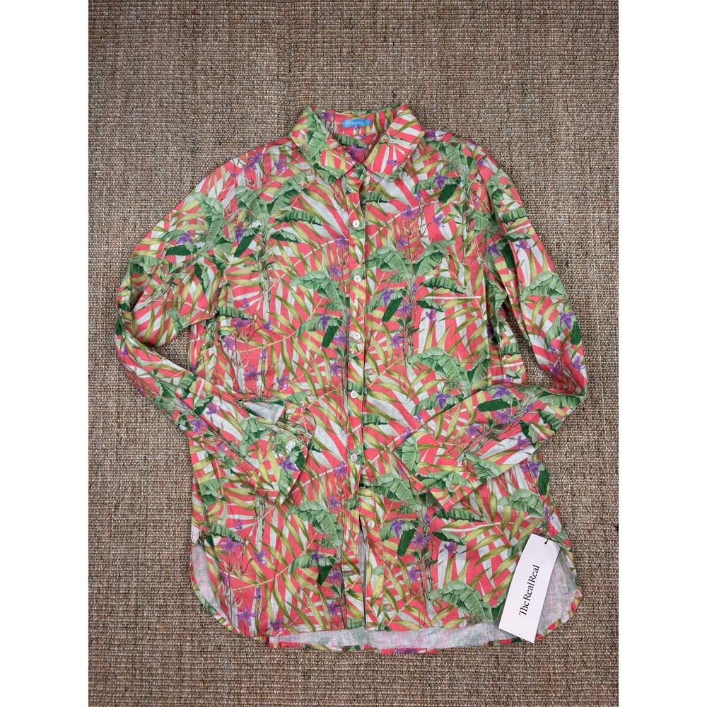 🌴 J.McLaughlin Tropical Print Linen Button-Up | Size XS | Pink/Green Multi